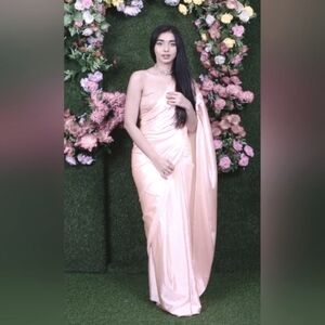 1-Minute Luxurious Pure Satin Saree With Sleeveless Blouse - Brown/Dark Peach